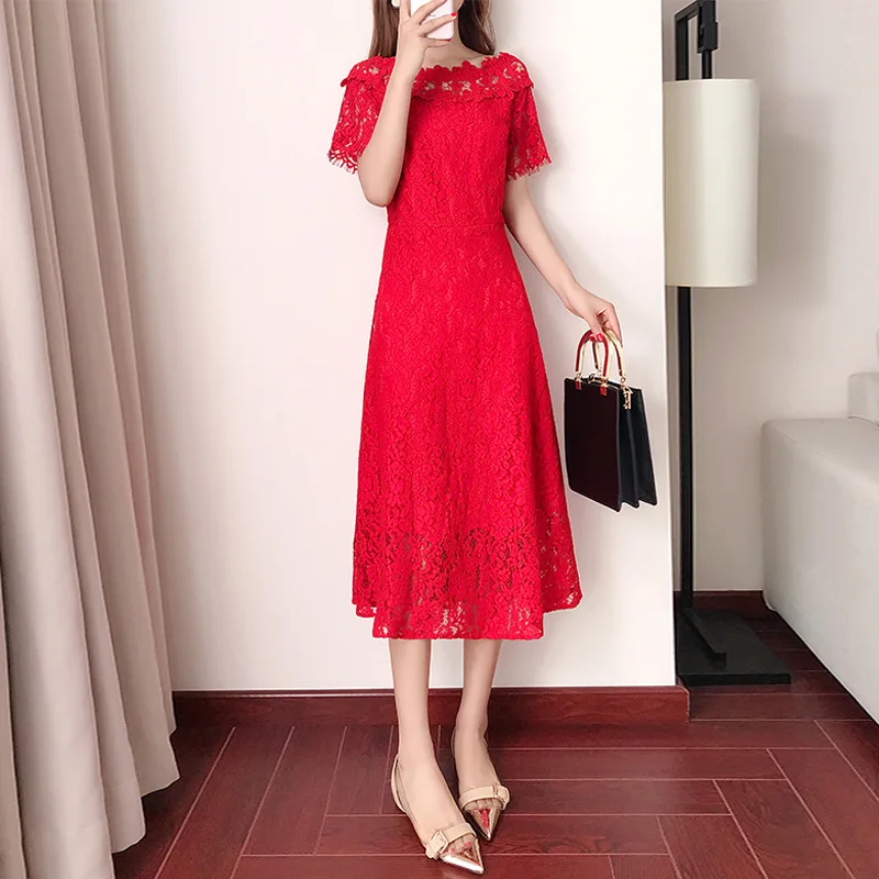 

Red Skirt Women's 2019 New Style Normcore Style Ulzzang Skirt Slimming Mid-length Red off-Shoulder Dress