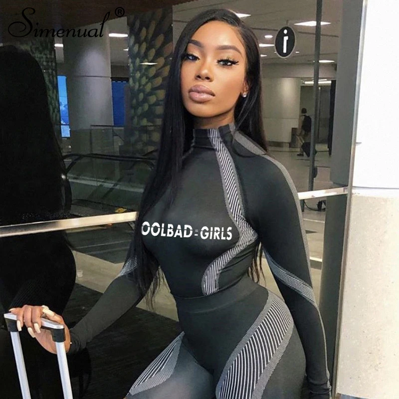 

Simenual Sporty Letter Print Patchwork Women Bodysuit Fashion Workout Active Wear Bodycon Rompers Long Sleeve Casual Bodysuits