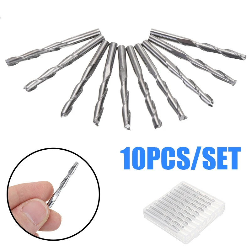 

10Pcs Milling Cutter 3.175mm Shank 2 Flutes Spiral Router Bits Tungsten Steel For Wood PVC Engraving Cutters CNC End Mill Tools