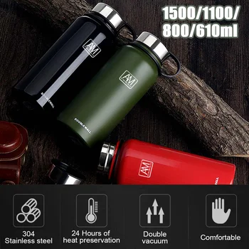 

610/800/1100 / 1500ml Outdoor Thermos Portable Large Capacity 304 Stainless Steel Mug Military Style Vacuum Bottle 24H