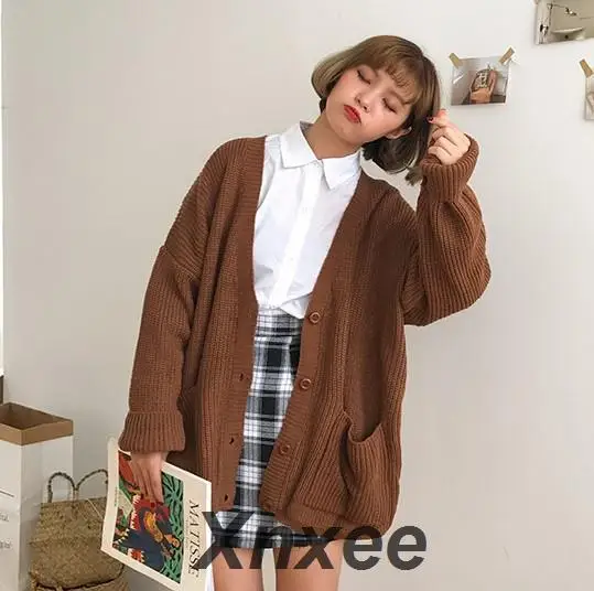 Корейский женский свитер кардиган двойной карман дизайн Женский вязаный кардиган, вязаный свитер осень зима топы Xnxee