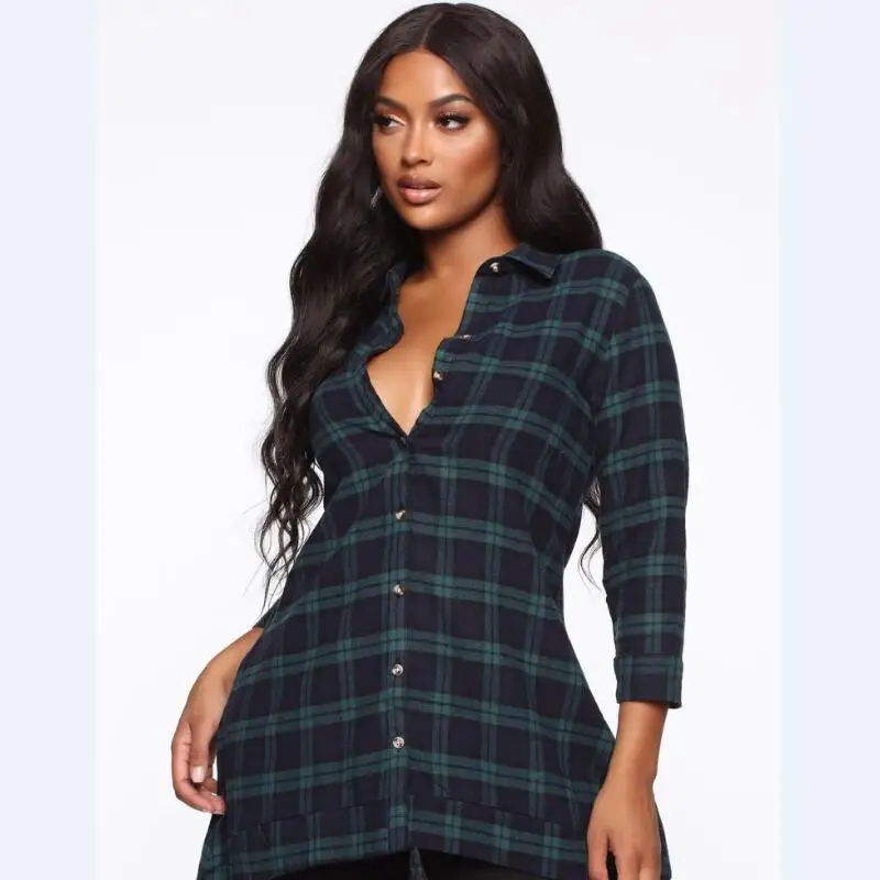 Plaid patchwork a-line shirt dress women single breasted three quarter sleeve mini dress high street popular shirt dress MOS1868