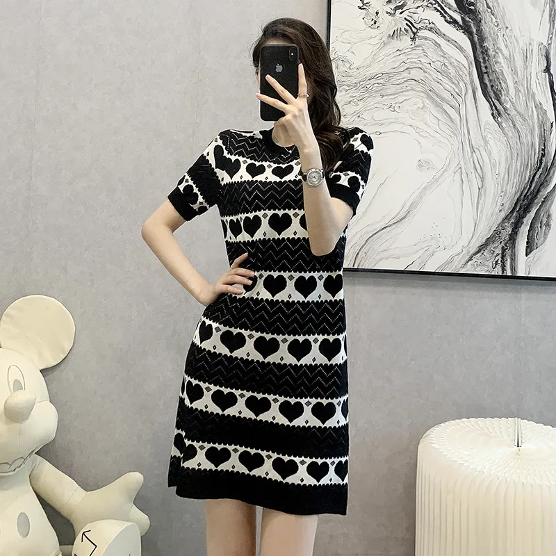 

Knitted Sweater Dress Women Summer Fashion Jacquard A Line High Waist Hepburn Style Knitted Dresses Vestidos JoursNeige