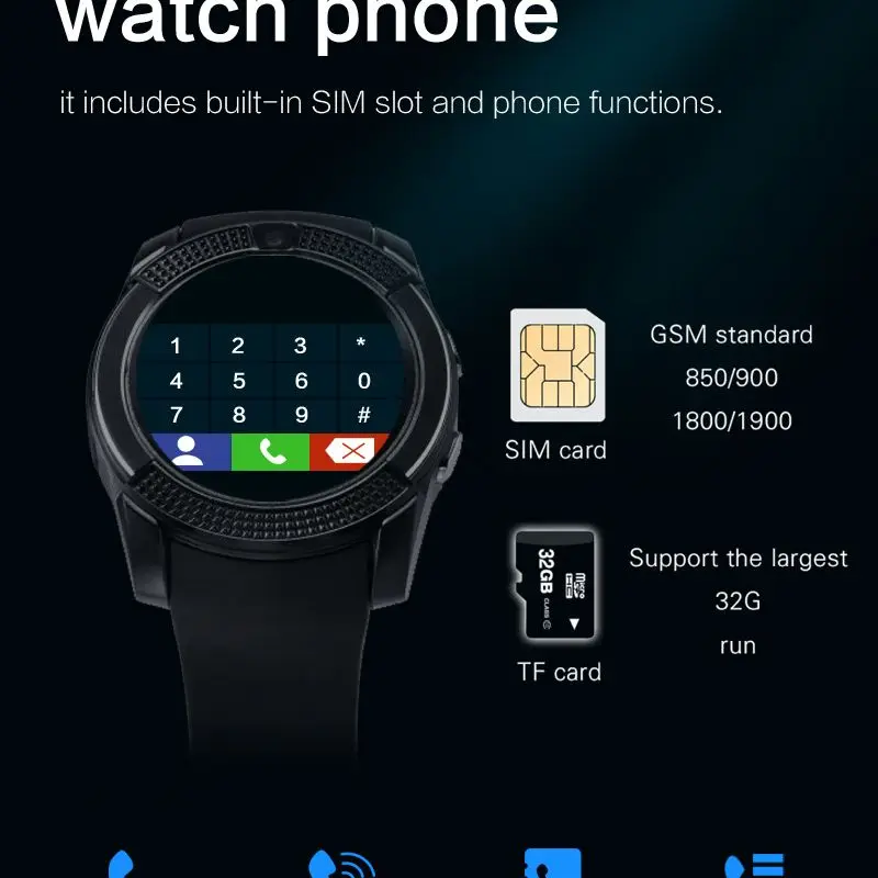 Reloj V8 Smart Watch uomo donna orologio rotondo supporto TF SIM Card  chiamata fotocamera bracciali sportivi Smartwatch compatibile con Bluetooth