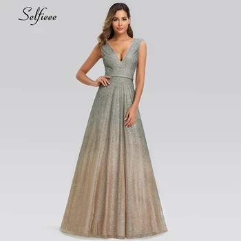 

Fashion Women Dress A-Line Double V-Neck Sleeveless Elegant Ladies Sparkle Maxi Dress For Party Vestidos De Fiesta De Noche 2020