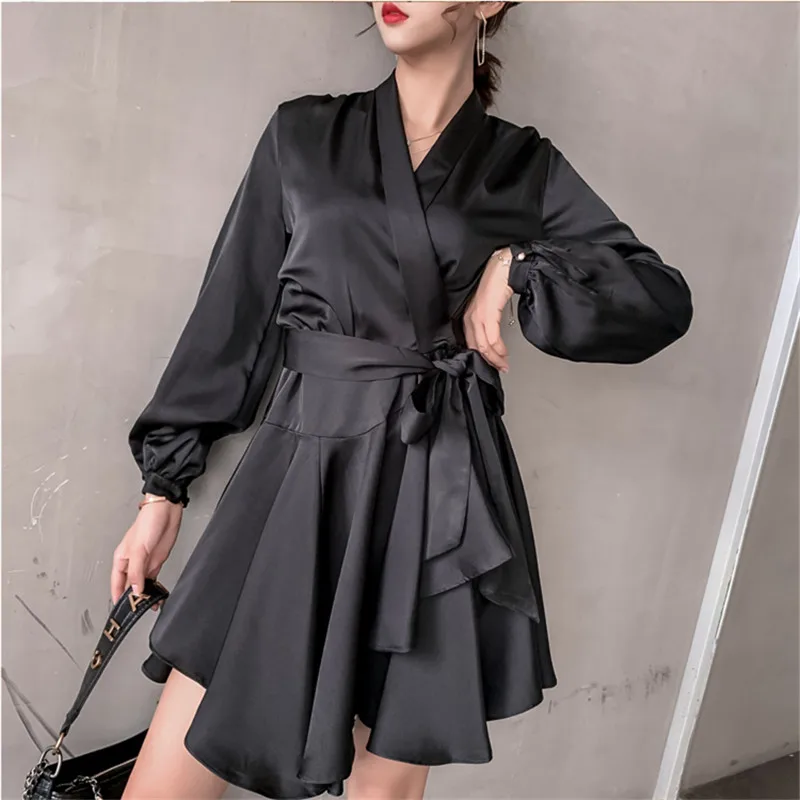 Платье женское с V-образным вырезом длинным рукавом и бантом | Женская одежда