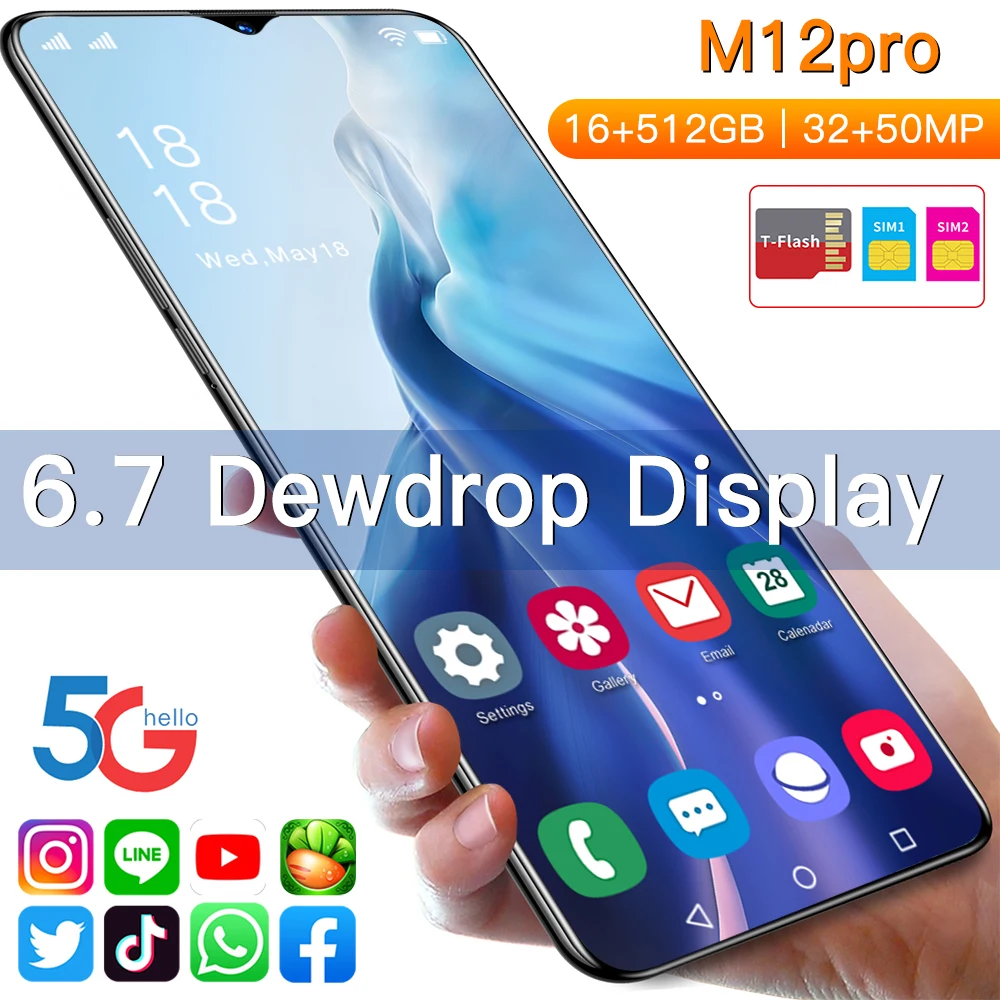 Hot M12 Pro 6.7 Inch Mobile Phone Android11 Global 5G LET 32MP+50MP 16GB+512GB MTK-6889 Smartphones 10-Core Dual SIM Cellphones