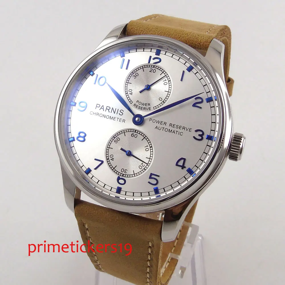 

Self winding 43mm parnis silver white dial leather strap blue marks movement mens watch