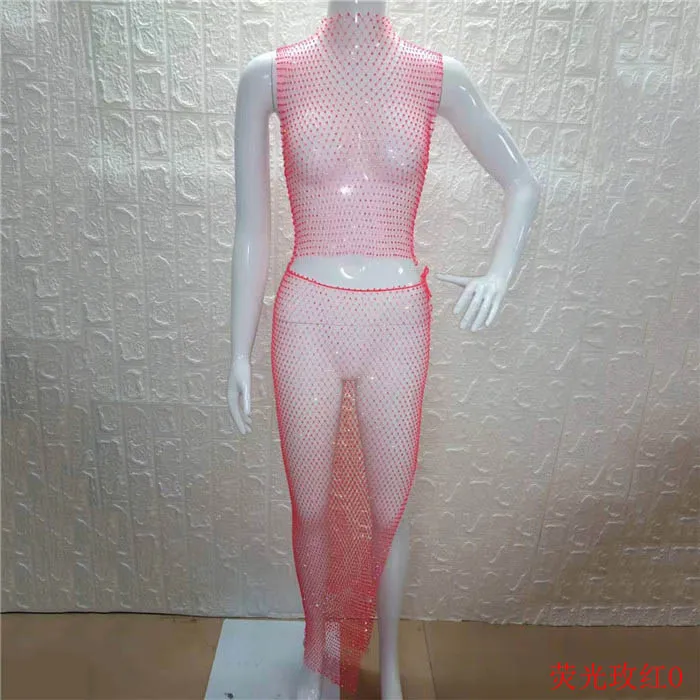Neon Rose Red O Neck Блестящая клетчатая одежда со стразами; комплект из 2 предметов; сетчатый топ; пикантная трикотажная юбка-карандаш; женские комплекты одежды; пляжная одежда - Цвет: Neon Rose Red O Neck