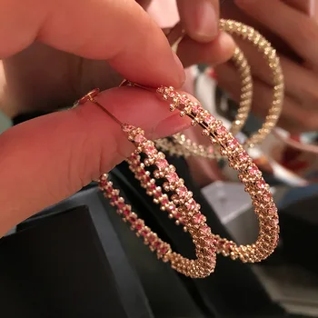 

Hip-hop set with red diamonds exaggerated earnail feminine temperament high sense ring round face thin earrings