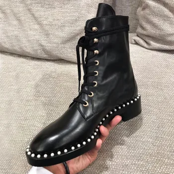 

Hot Pearls Martens Femme Round Toe Chunky Heels Lace Up Ankle Boots For Women Slip On Black Runaway Women Boots Ankle Booties