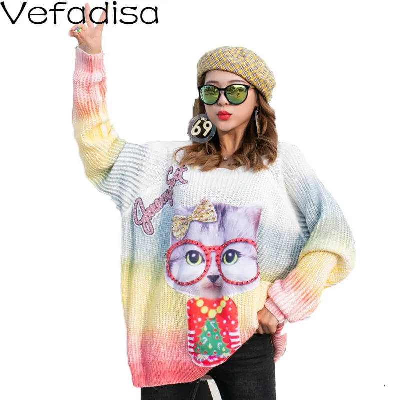 Vefadisa осень, с рисунком из мультфильма, пуловер, украшенный бисером свитер с О-образным вырезом с длинным рукавом Вязание свитер уличная Женская свитер QYF649