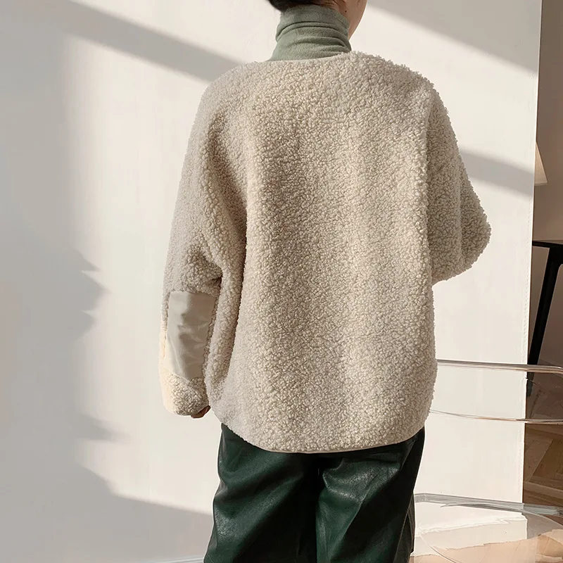 Lamb Wool Jacket Woman Short Thickening Fashion Casual Loose Warm Long Sleeve Coat