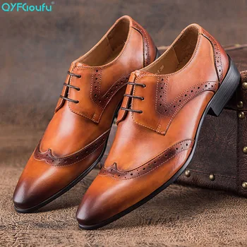 

QYFCIOUFU 2020 Men Dress Shoes Formal Wedding Genuine Leather Shoes Retro Brogue Business Office Men's Flats Oxfords For Male