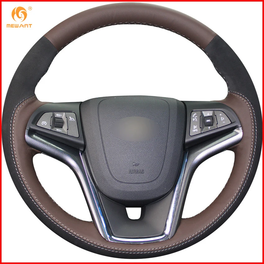 Mewant Coffee Genuine Leather Black Suede Car Steering Wheel Cover For