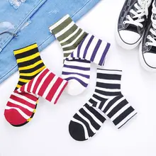 5 пар японских женских Хлопковых Носков контрастного цвета в полоску, высокие Чулочно-носочные изделия B0KD