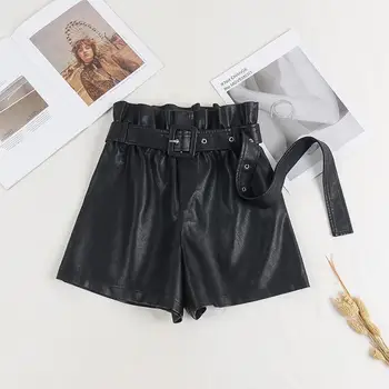 

Plus Size Autumn Winter PU Leather Shorts Women 2019 Elastic High Waist Wide Leg Leather Solid Black Color Shorts With Sashes