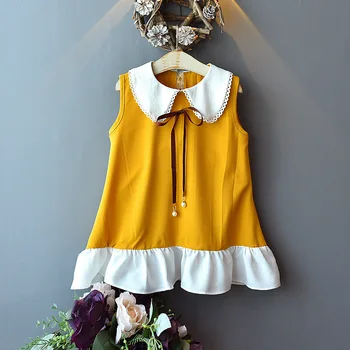 

2020 New Girls Dress Sleeveless Sundress Cute Peter Pan Collar Girl Summer Dress Ruffles Princess Party Dress 1-6 Years Old