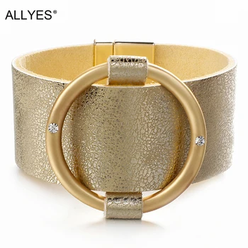 

ALLYES Champagne Leather Bracelet for Women Metal Circle Charm Crystal Wide Wrap Bracelet Female Jewelry