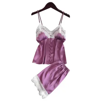 

Womens Imitation Silk Sexy Lingerie Set Push Up Padded Button Down Camisole Wide Leg Eyelash Lace Shorts Solid Color Nightwear