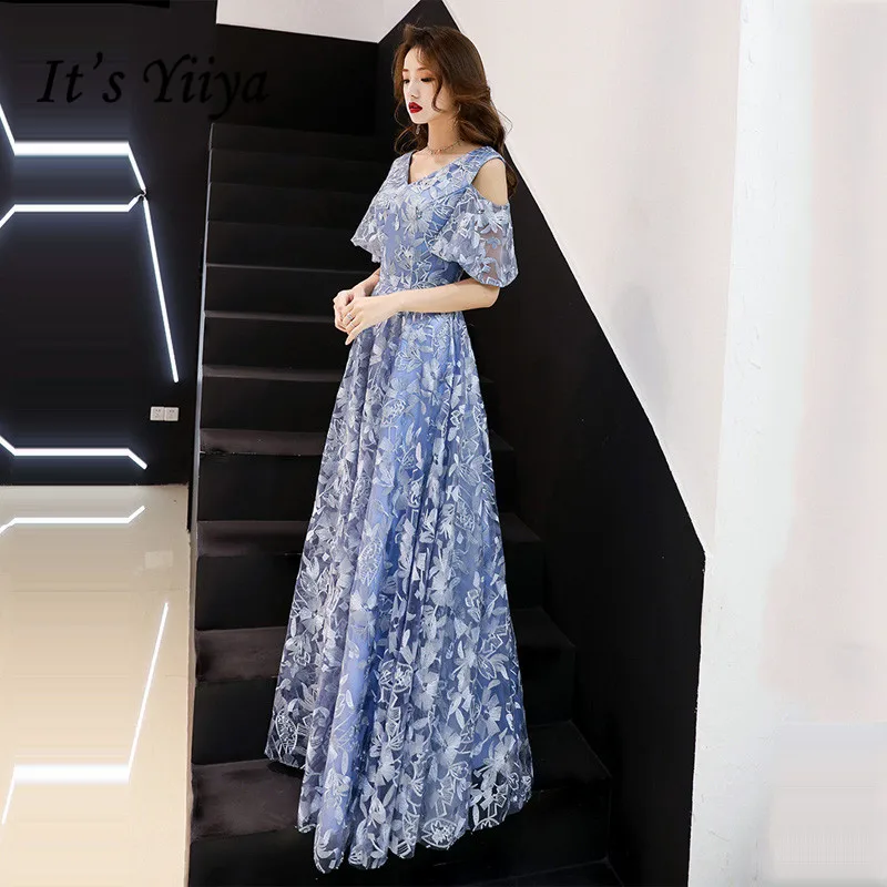 

Blue Evening Dress It's Yiiya R283 Embroidery V-neck Long Dress Evening Party Gowns Short Sleeve A-line Vestidos De Fiesta 2020