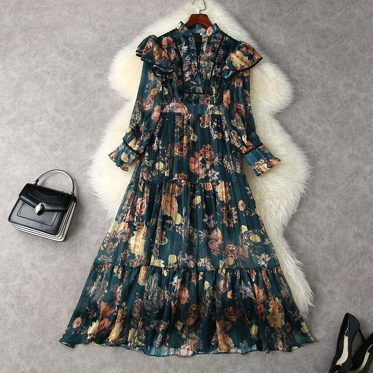 

European and American women's wear spring 2022 new Long sleeve stand collar flounces Fashionable printed dress