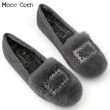 Теплые плюшевые мокасины на меху; женская зимняя обувь на плоской подошве; милые женские мокасины без застежки с кристаллами; Повседневная обувь из хлопка; Новинка; большие размеры