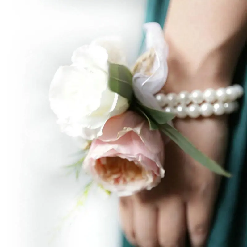 

Women Bridesmaid Girl Wedding Wrist Corsage Artificial Pearl Beads Net Yarn Flower Bracelet Wristband Prom Party Decor DIY