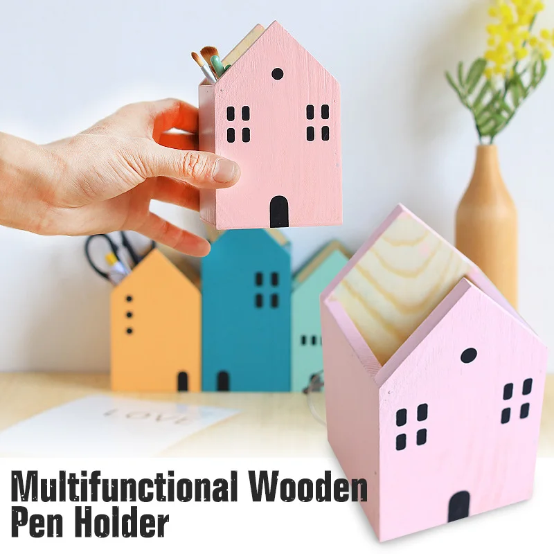 

ooden Room Shape Desktop Cute Pen Holder Storage Box Nordic Creative Personality Desktop Organizer School Office Pencil Holder