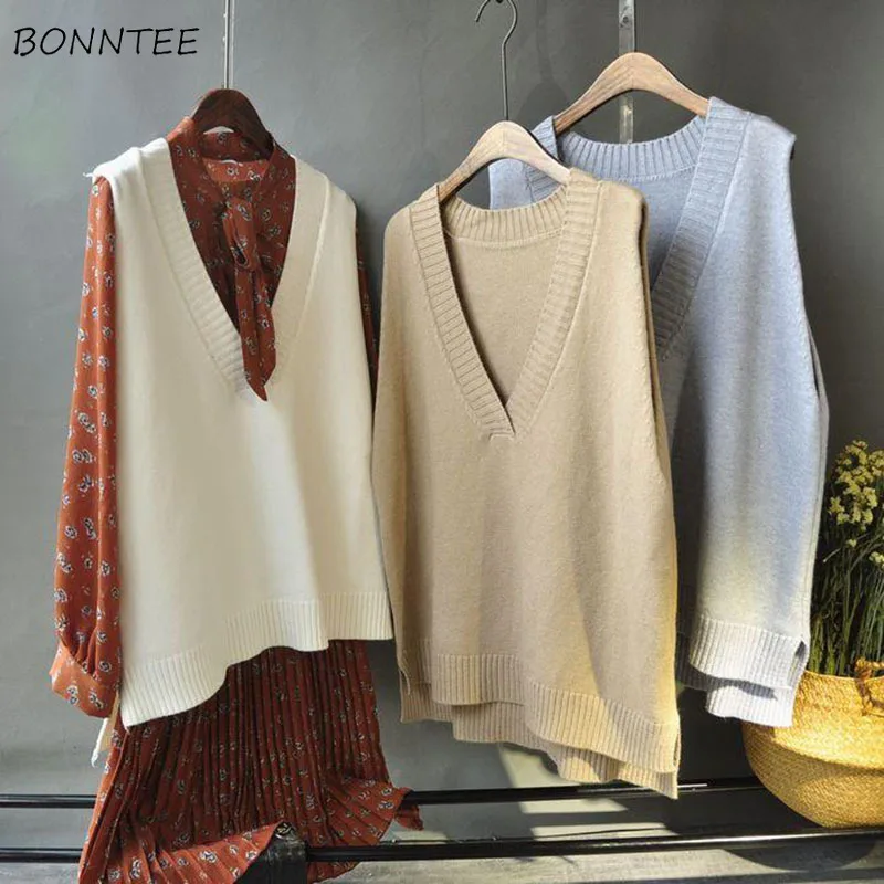

Vests Women Solid Student V-neck Knitted All-match Korean Harajuku Kpop Simple Chic Daily Streetwear Fashion Vintage Womens New