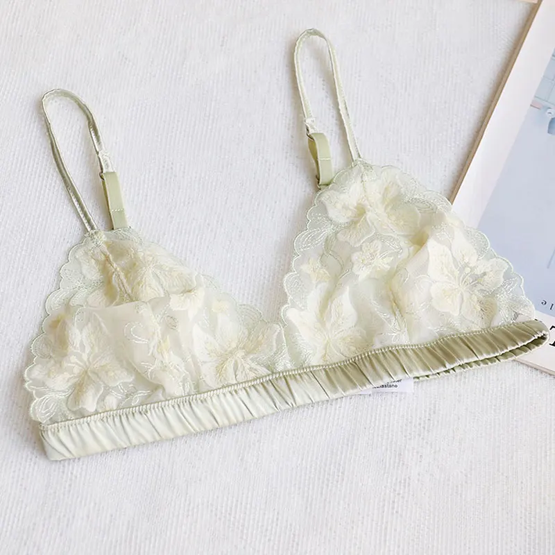 green bra Wriufred пикантное женское белье бесшовный без оправы комплект нижнего белья вышивка ультра-тонкий прозрачный треугольник чашки бюстгальтер набор - Цвет: green bra