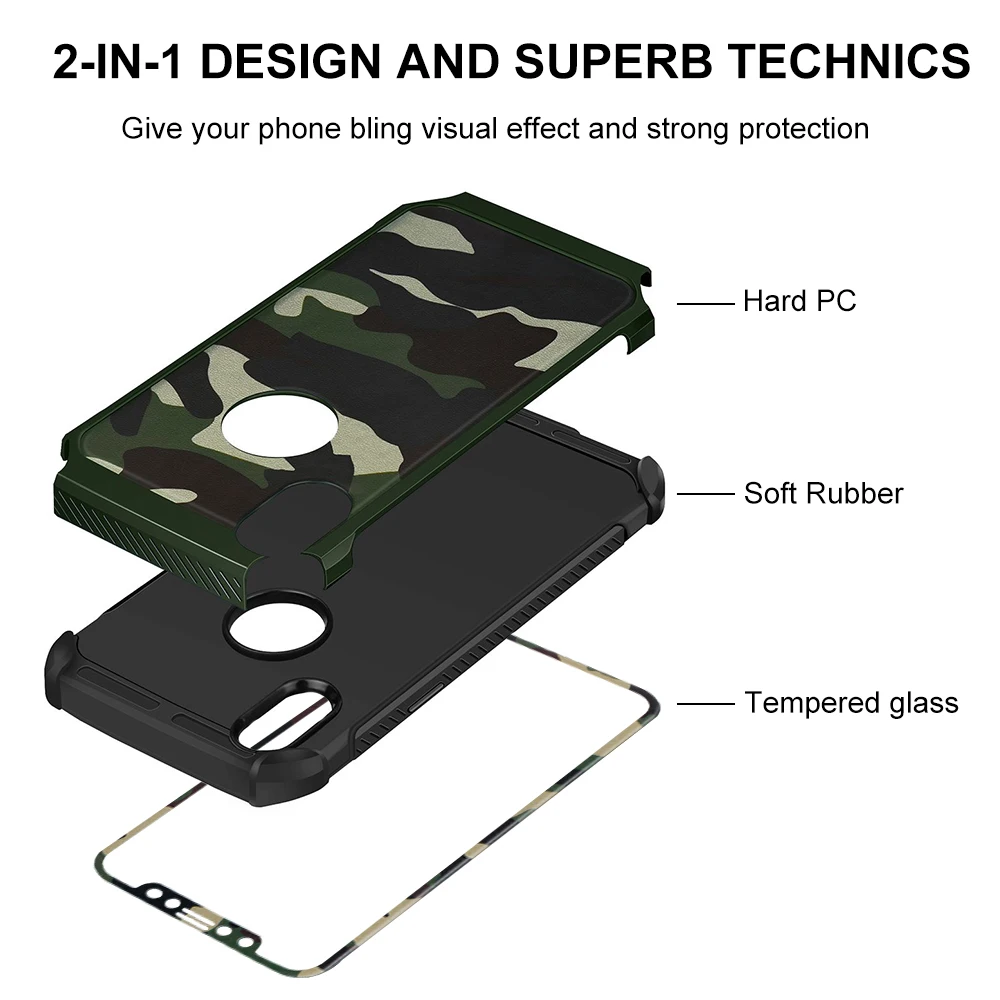 Камуфляжный защитный чехол для iPhone 11 Pro Max Xr X Xs 8 Plus 7 6S 6 5 5S SE, чехол для телефона 360, противоударное закаленное стекло