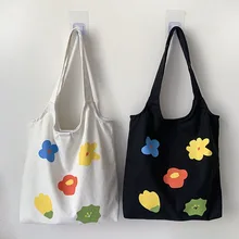 Женские цветочные холщовые сумки для покупок тканевая сумка через плечо для девушек Эко сумка повседневное использование складные сумки тоут черный белый