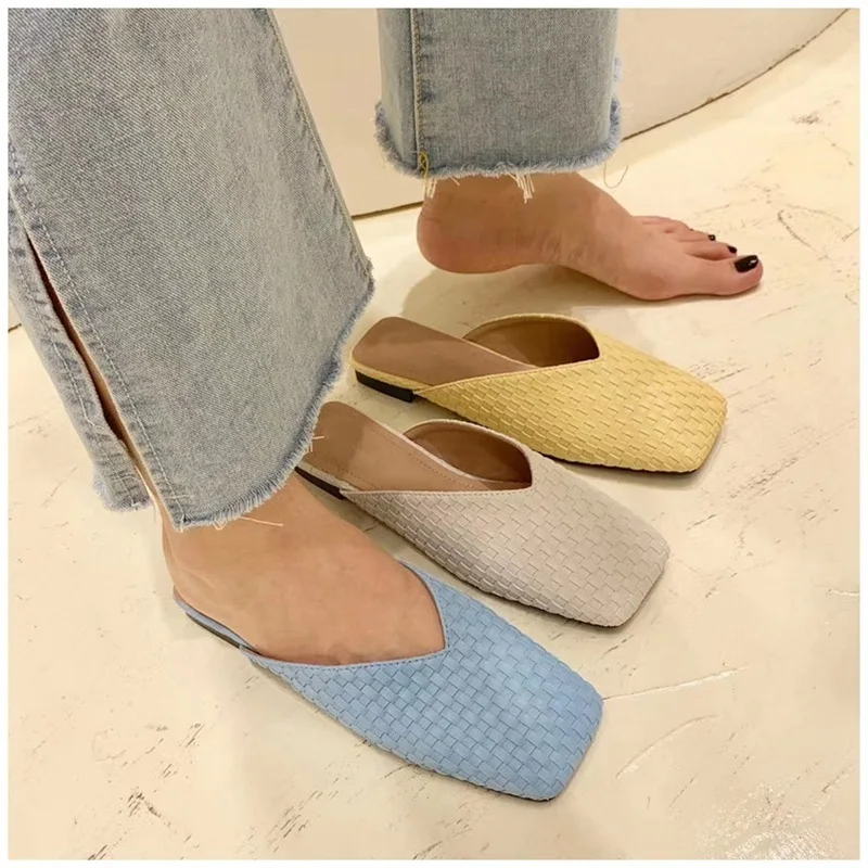 

Fashion Cane Women Weave Mule Sandal Shoes 2020 Brand Square Toe Slippers Summer Outdoor Beach Flip Flops Slides Shoes