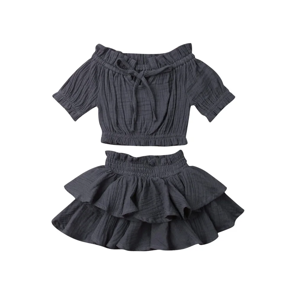 От 0 до 4 лет, летние комплекты одежды для маленьких девочек, однотонные топы, рубашка+ юбки с оборками, Одежда для новорожденных - Цвет: Smoke Gray