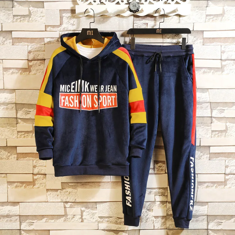 

2019 Winter New Style Men Gold Velvet Some Leisure Suit Teenager Korean-style Handsome Hoodie Sweatpants Set