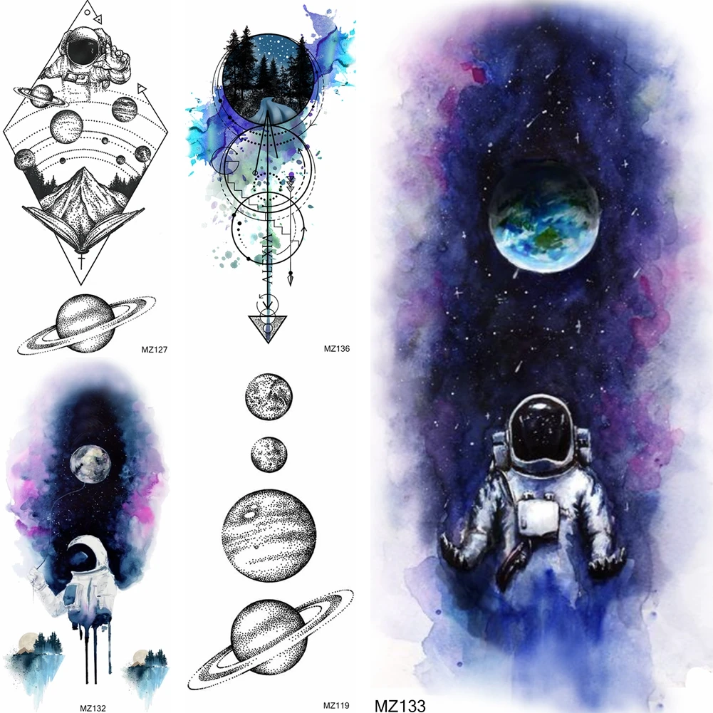 

Watercolor Astronaut Temporary Tattoos Realistic Fake DIY Geometric Planets Anchor Tattoos For Adult Body Art Arm Tattoo Sticker