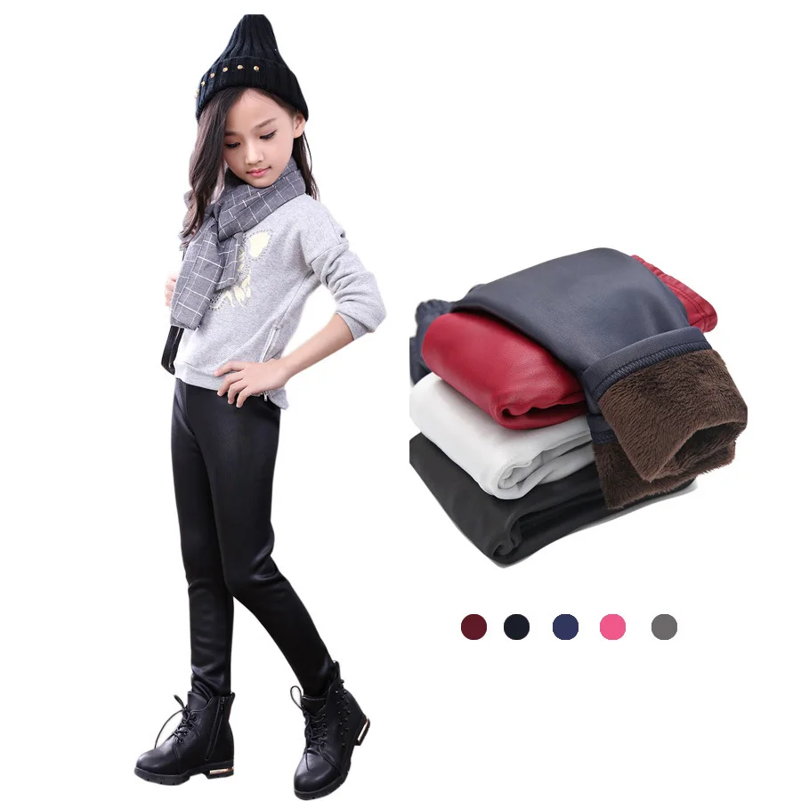 Children Winter Autumn Warm Leggings Kids Girls Fake Leather Leggings Red Pants School Girl's Winter Thick Velvet
