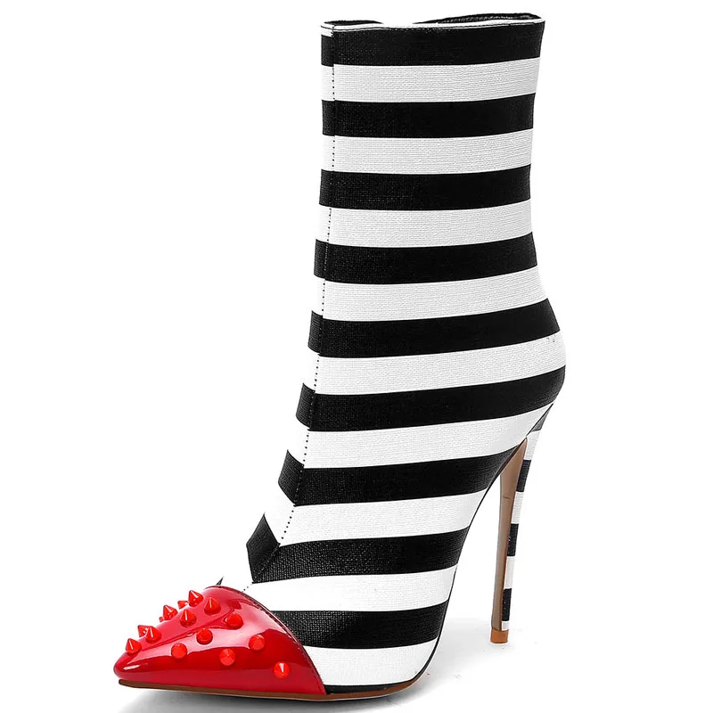 

Red Rivets Pointed Toe Striped Fabric Patchwork Ankle Boots Woman Sexy Thin High Heel Short Boots Women