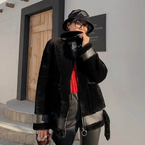 Double Faced Fur Jacket Highstreet Moto Buckle Turtleneck Thick Warm Lamb Fur Coat Women Winter Casual Plus Size Outwear Female - Цвет: 3