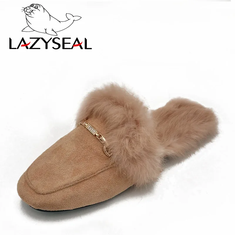LazySeal/новые меховые тапочки; обувь без задника с натуральным мехом; женские тапочки с квадратным носом; женские Вьетнамки; женские шлепанцы без задника с металлическим украшением