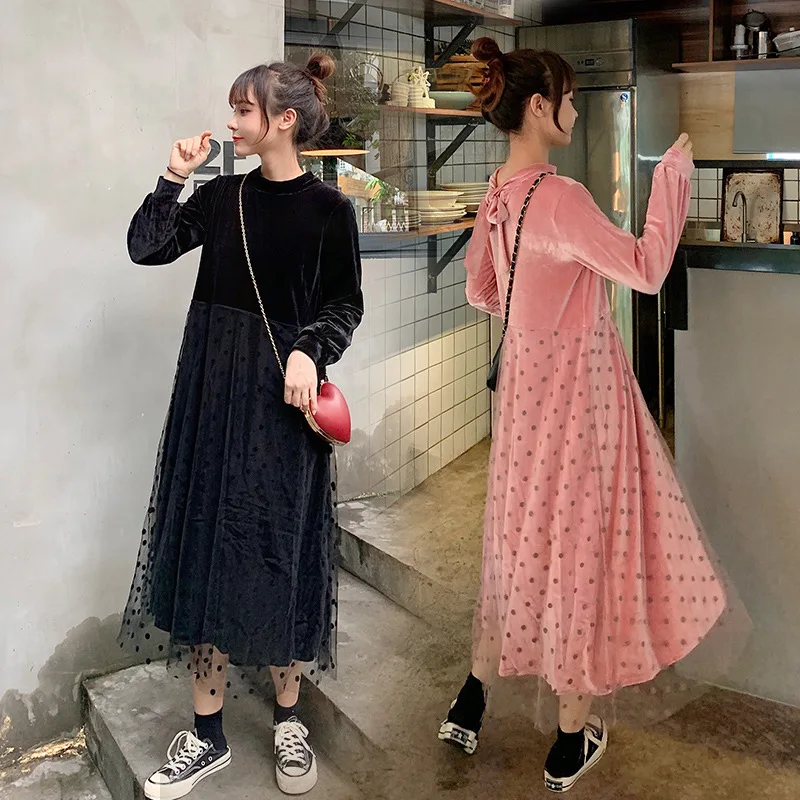 

Maternity Clothes Autumn Clothing 2019 New Style Fashion Polka Dot Gauze Joint Gold Velvet Mid-length Slimming Pregnant Women Dr