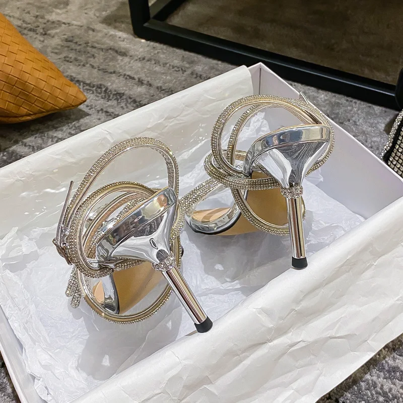 2020 summer new square head rhinestone bow tie winding straps ladies sandals