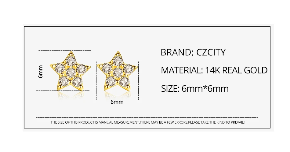 CZCITY изысканные настоящие 14 K золотые маленькие серьги-гвоздики в форме звезды для женщин девушек, свиданий блестящие CZ милые брендовые