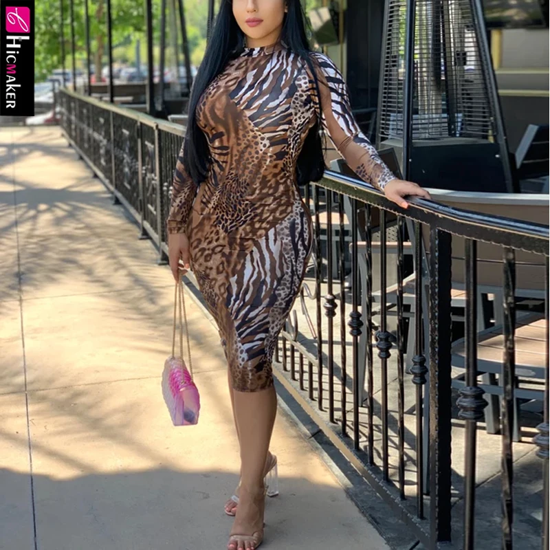 Женское облегающее платье с леопардовым принтом и длинным рукавом стрейчевое