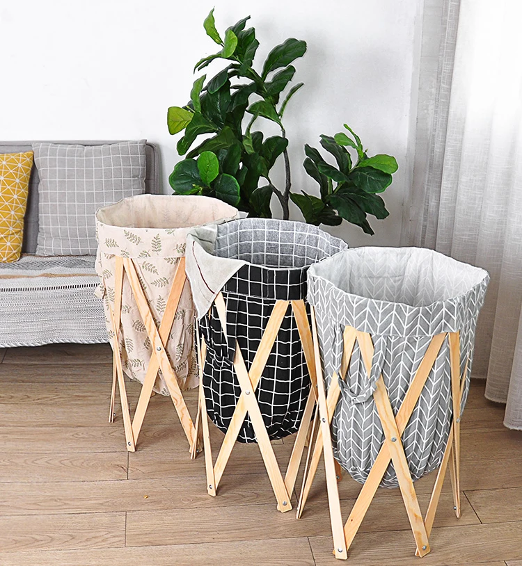 

Bathroom Nordic Wood Cotton Fabric Dirty Clothes Basket Sundries Storage Multi-function Foldable Laundry Storage Basket ZH350