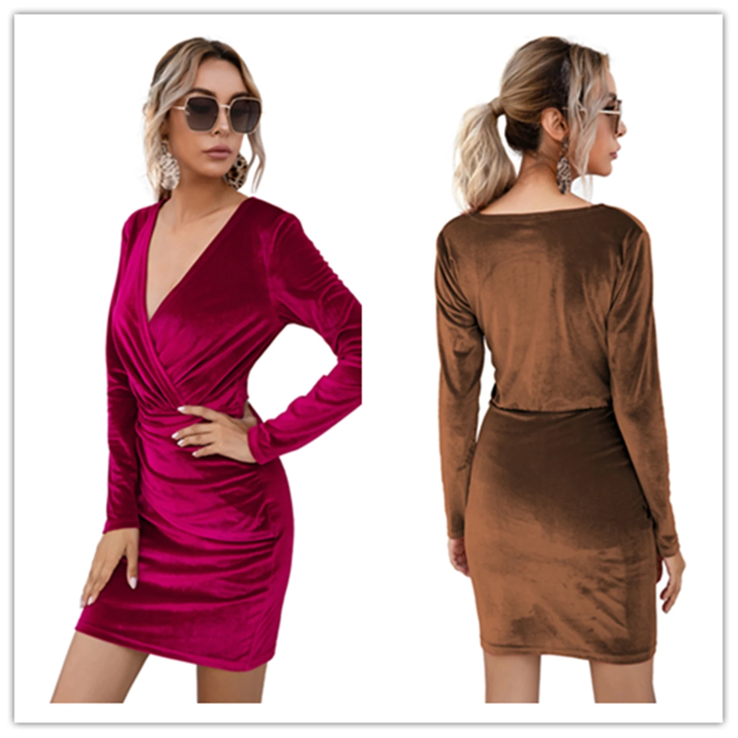 

AA Lady Dress Solid Color Deep V Neck Long Sleeve One Piece for Women Female Evening Party Clothes Ladies Bodycon Dresses