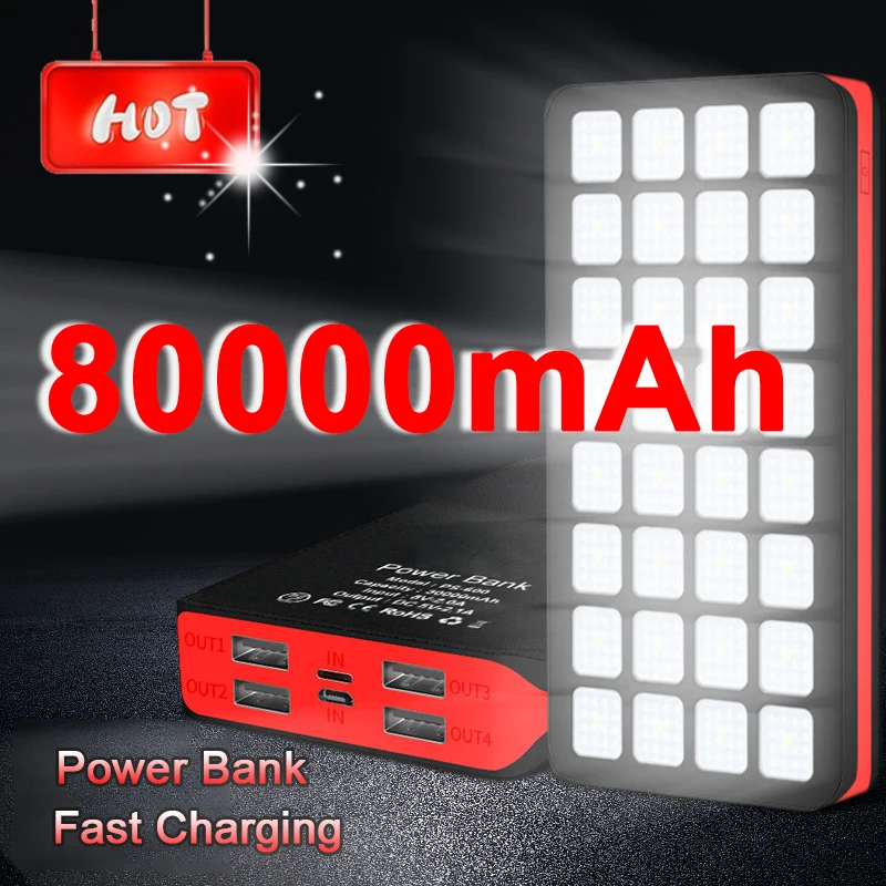 Power Bank 80000mAh Large Capacity Portable Charger Waterproof Lighting Outdoor Poverbank for Iphone Samsung Xiaomi | Мобильные