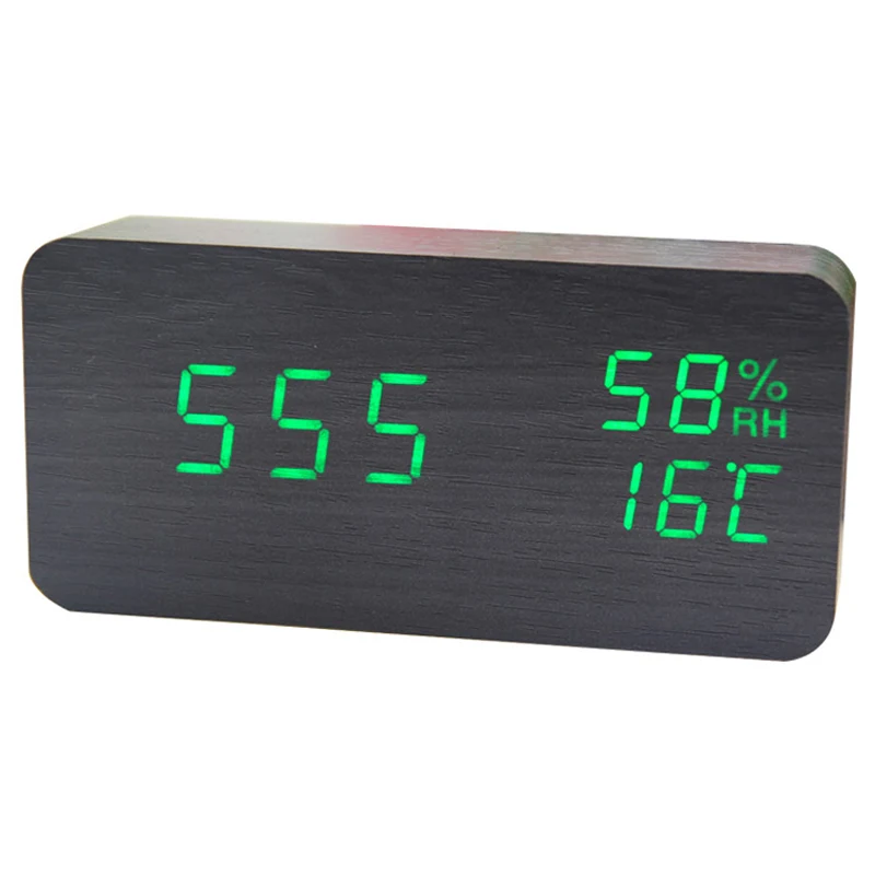 

Digital Wood Alarm Clock LED Display Voice Control Time Date Temperature Display Hi 888