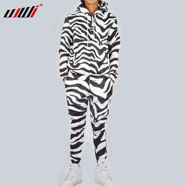 UJWI Fashion Men/Women 2 Pieces Tracksuit Set Harajuku 3d Black While Zebra Unisex Hoodies Sportswear Pant Suit Fitness Clothes